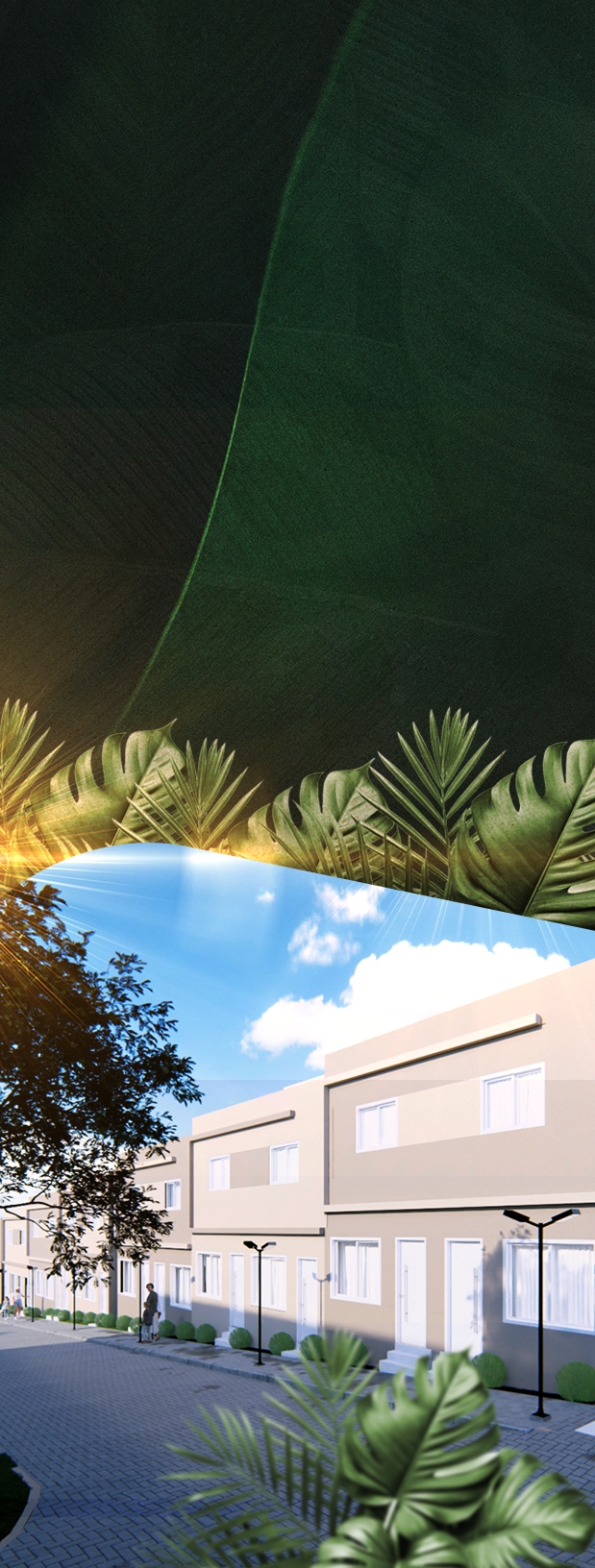 Condomínio residencial com casas geminadas, paisagismo e céu azul ao fundo - Versão Mobile