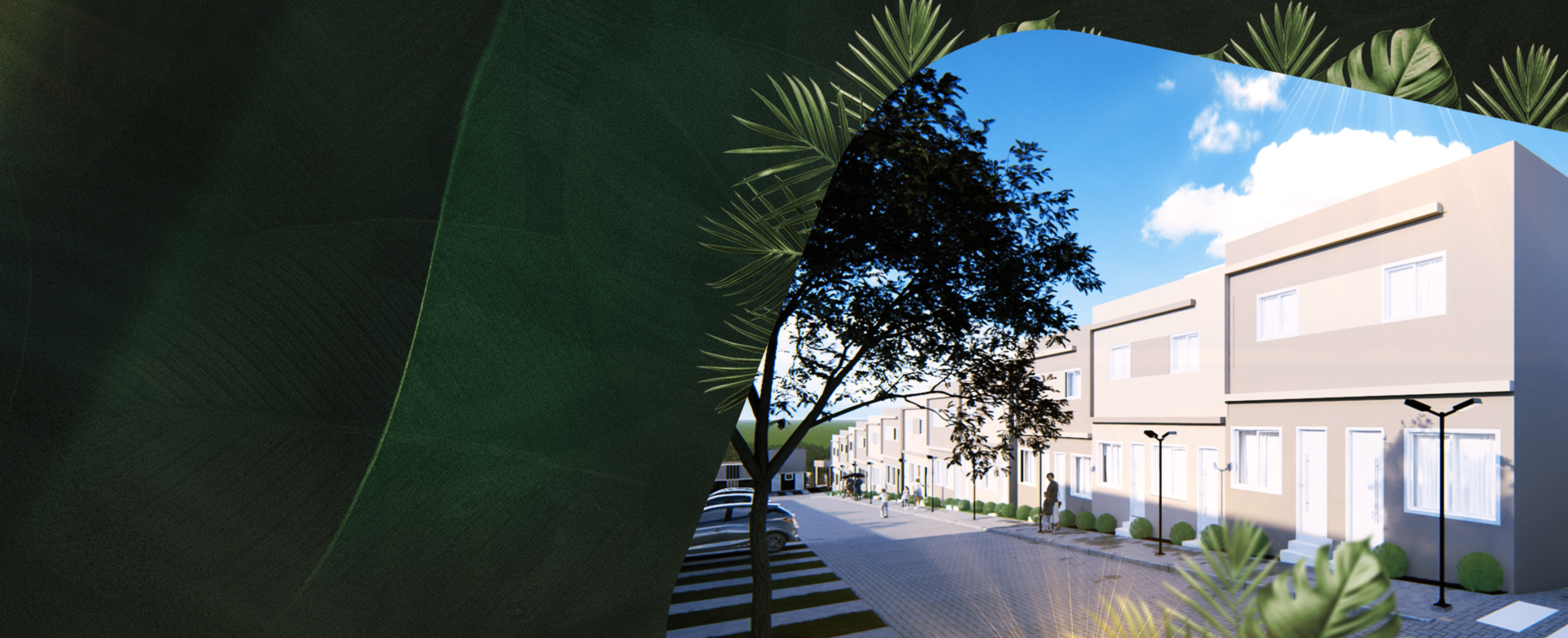 Condomínio residencial com casas geminadas, paisagismo e céu azul ao fundo