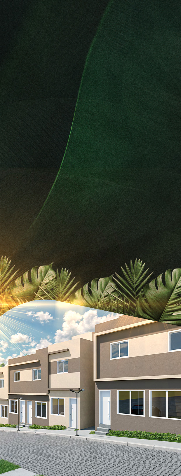 Condomínio residencial com casas geminadas, paisagismo e céu azul ao fundo - Versão Mobile