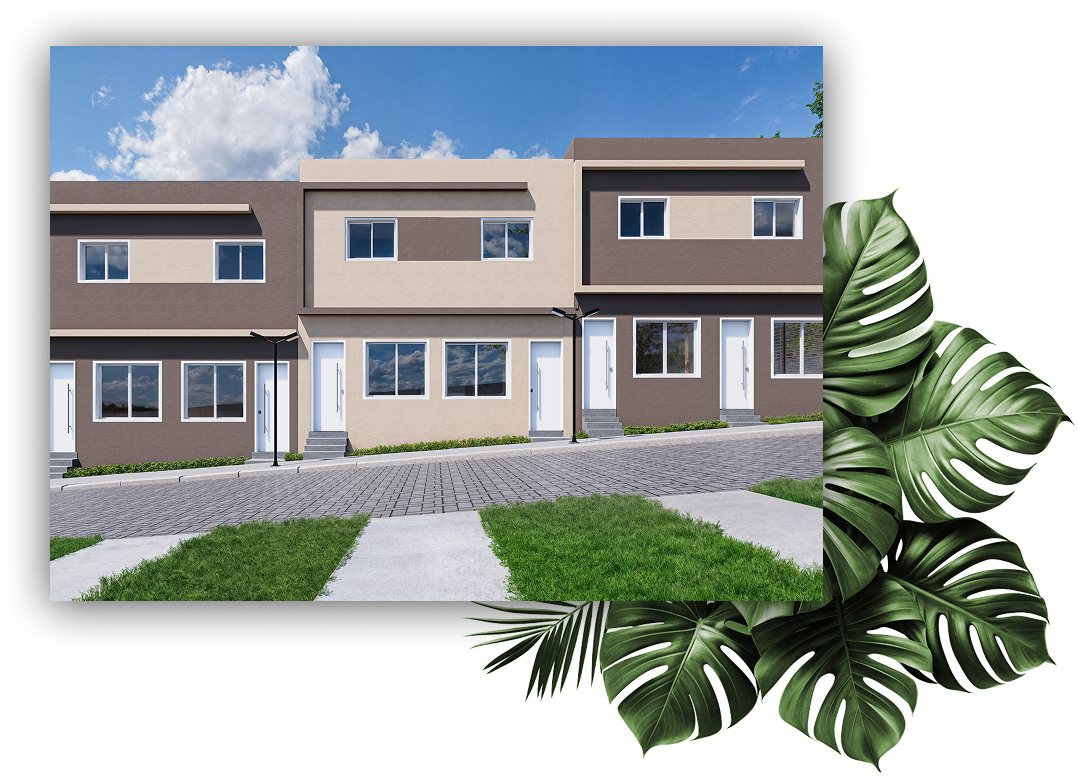 Casas geminadas em condomínio residencial com fachada moderna e bola de futebol em primeiro plano